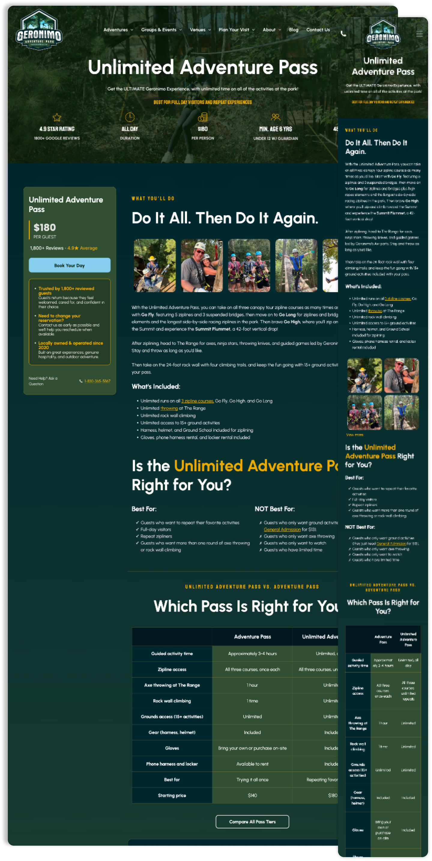 Dark green themed webpage for “Unlimited Adventure Pass” with event listings, prices, and a city map.