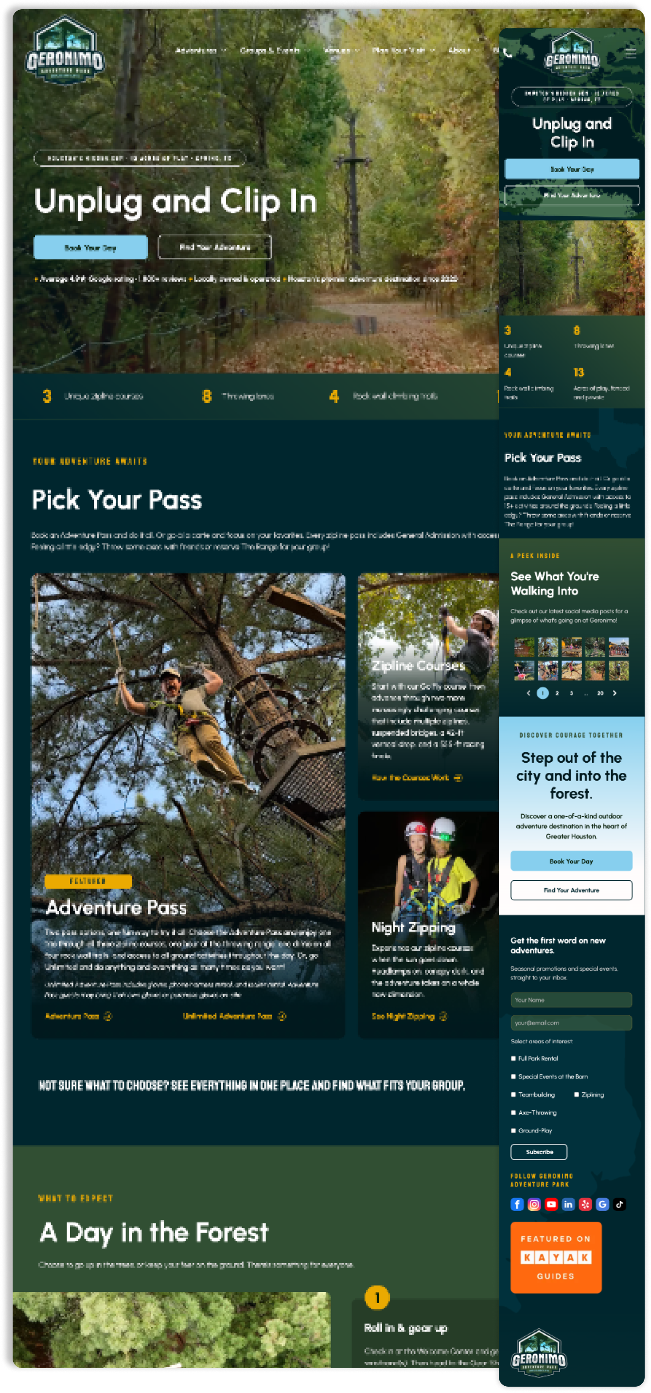 Outdoor webpage with forest banner, article cards, and a sidebar on the right.