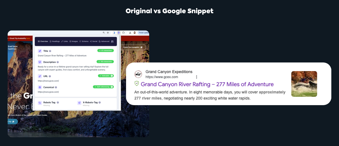 Comparison of a website's search results and a Google snippet, both related to Grand Canyon River Rafting.
