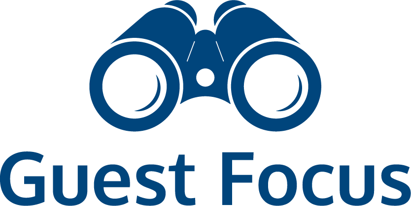 Guest Focus logo with blue binoculars icon above the text