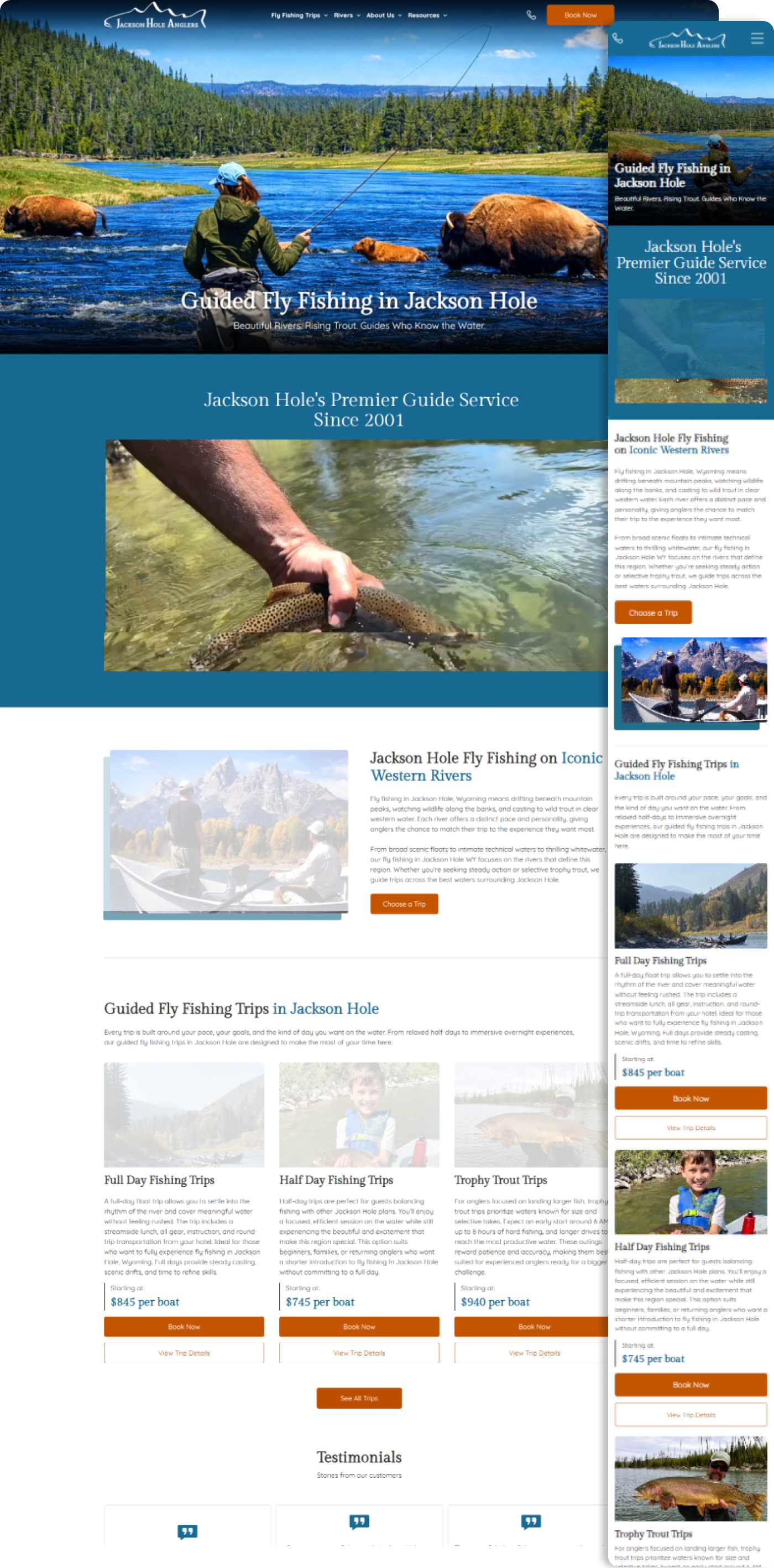 Webpage showing fishing tips with large hero images of anglers on a lake and in shallow water