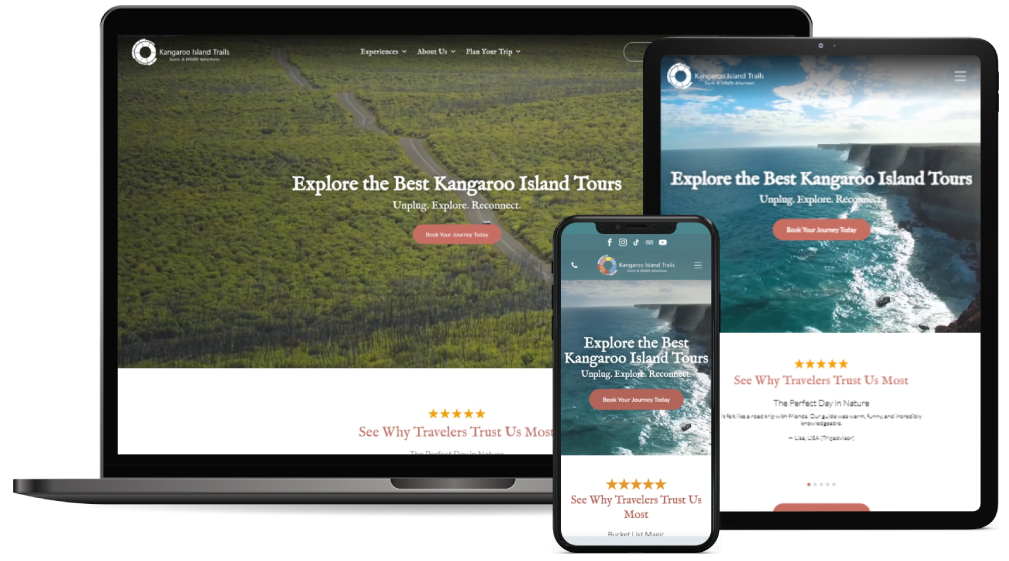 Website design on laptop, tablet, and phone showcasing Kangaroo Island tourism.