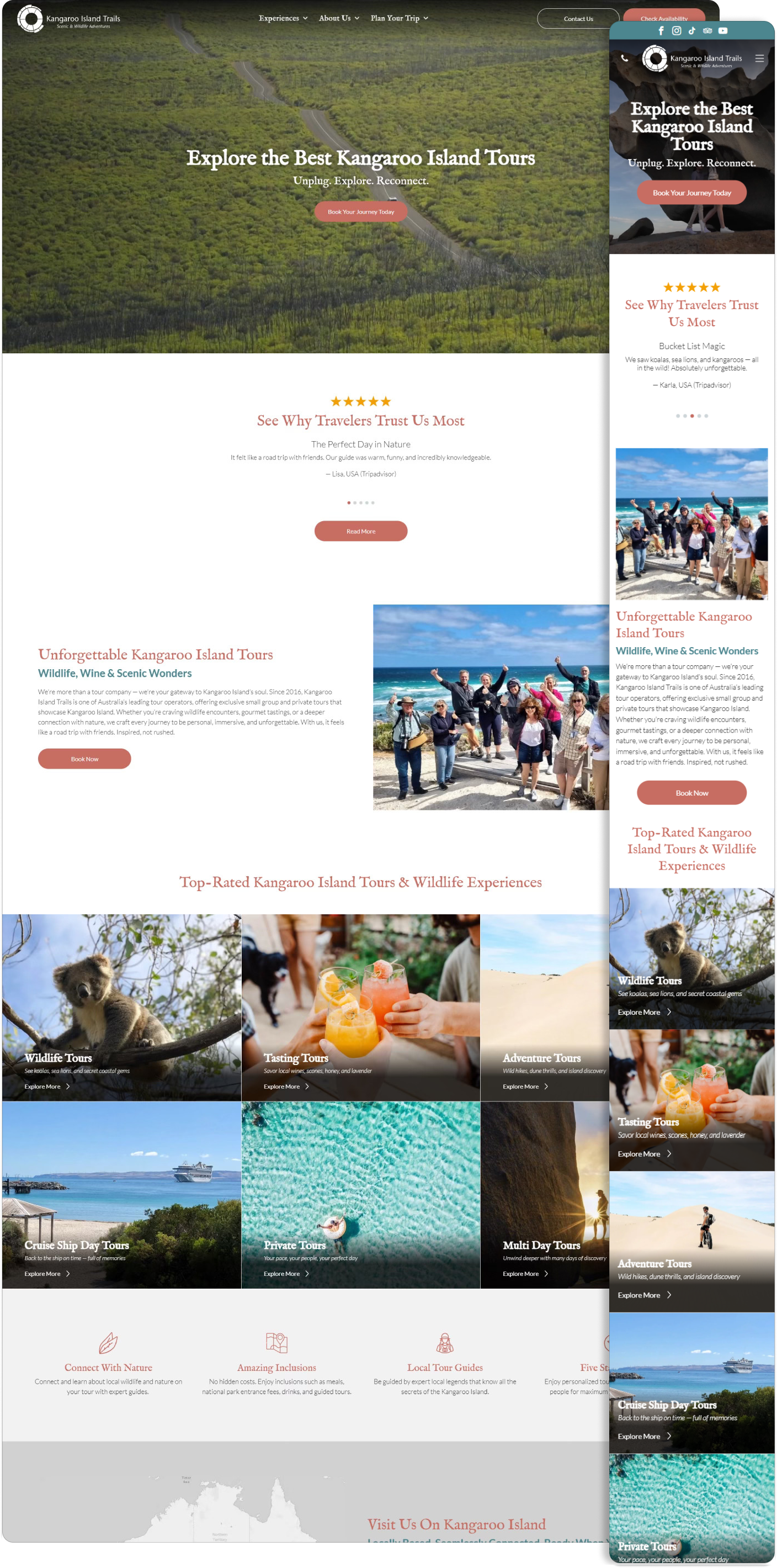 Website homepage with landscape, people, and calls to action.