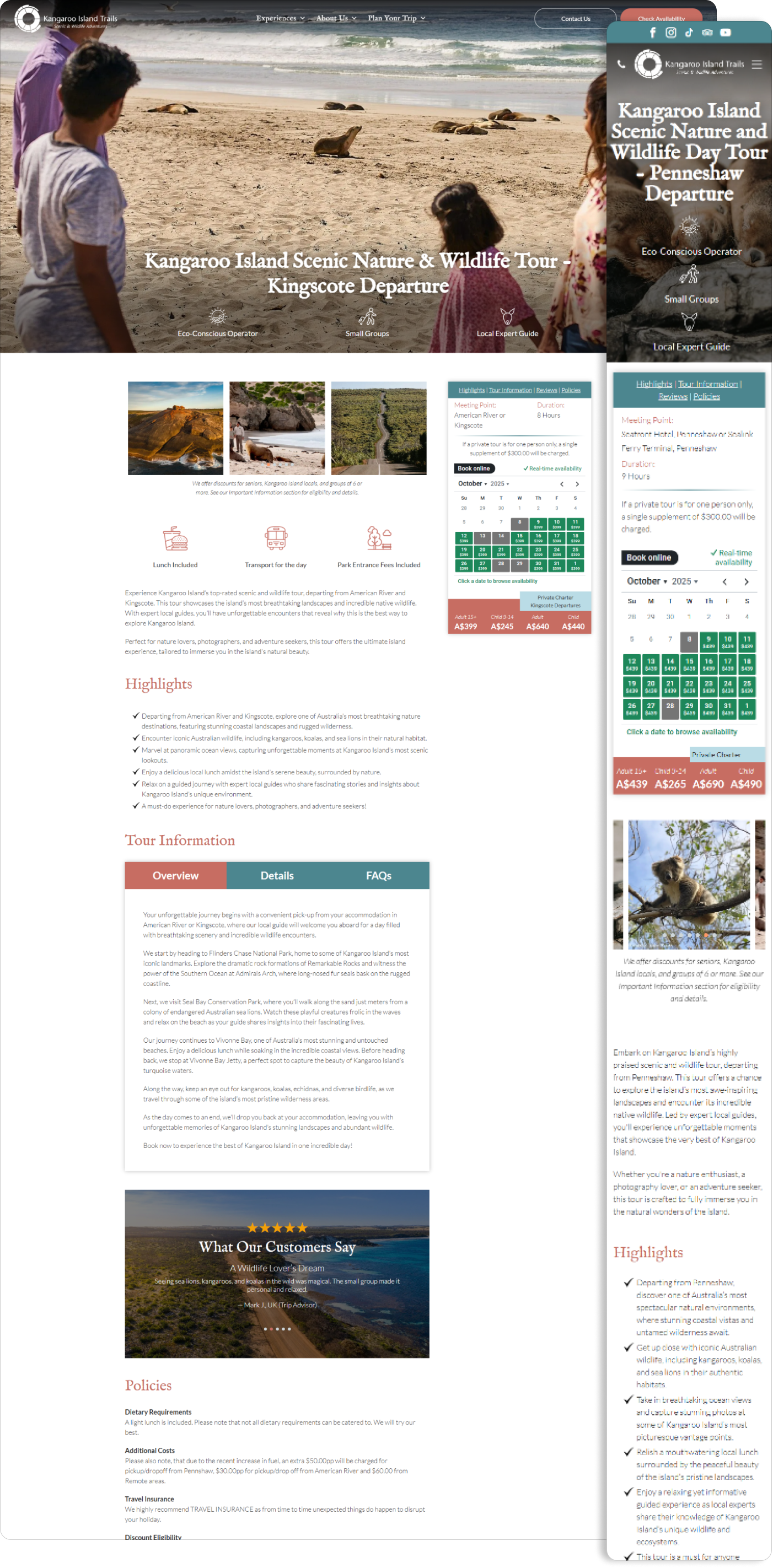 Webpage featuring a beach scene with people and text. Seals on the sand, calendar and information.