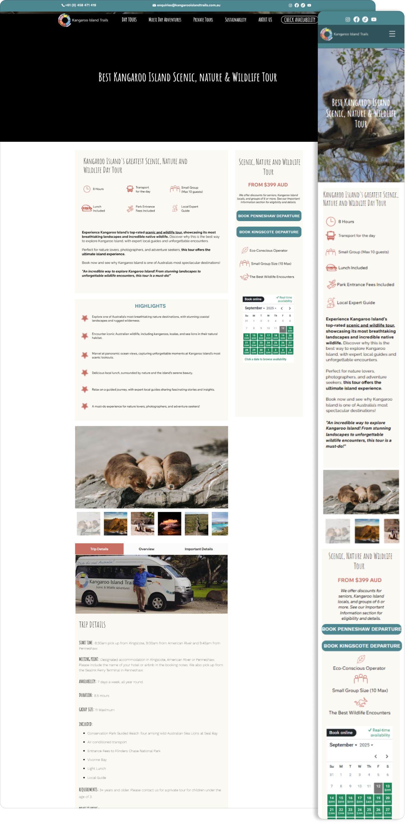Website screenshot with information on wildlife, including photos of animals and a van.