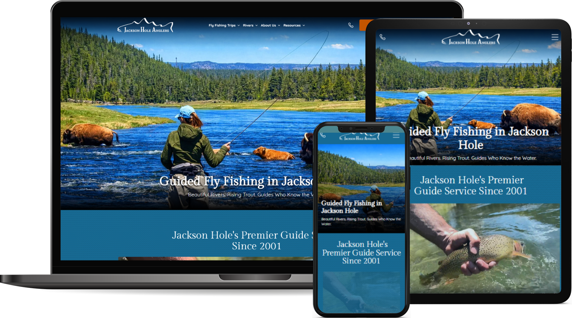 Travel website shown on laptop, tablet, and phone with a kayaker on a blue lake and mountains in the background
