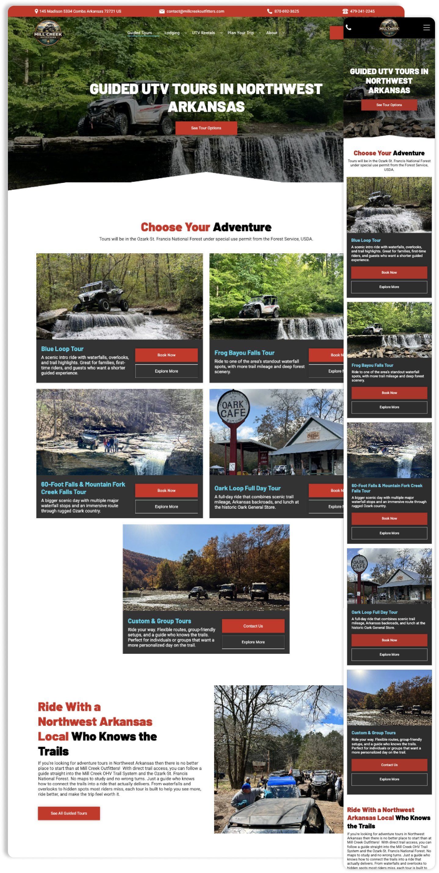 Website promoting outdoor adventures, featuring activities like rafting and off-roading in red rock canyons.