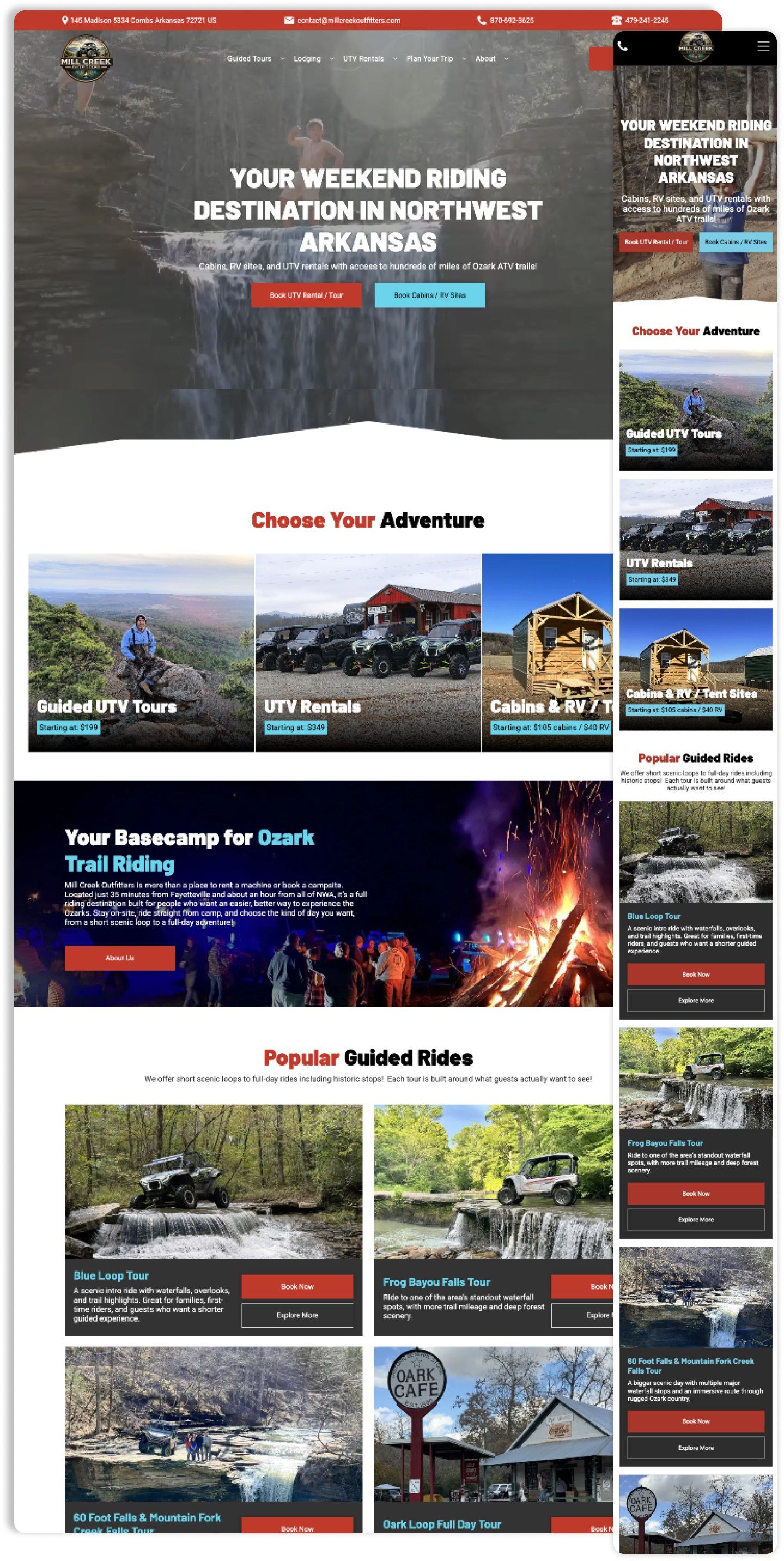 Website promoting outdoor adventures, featuring activities like rafting and off-roading in red rock canyons.