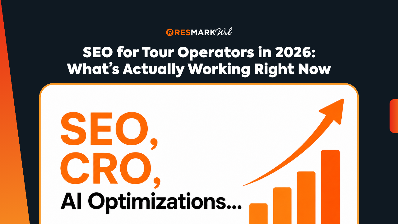 SEO webinar graphic with orange upward chart and text: “SEO, CRO, AI Optimizations...”