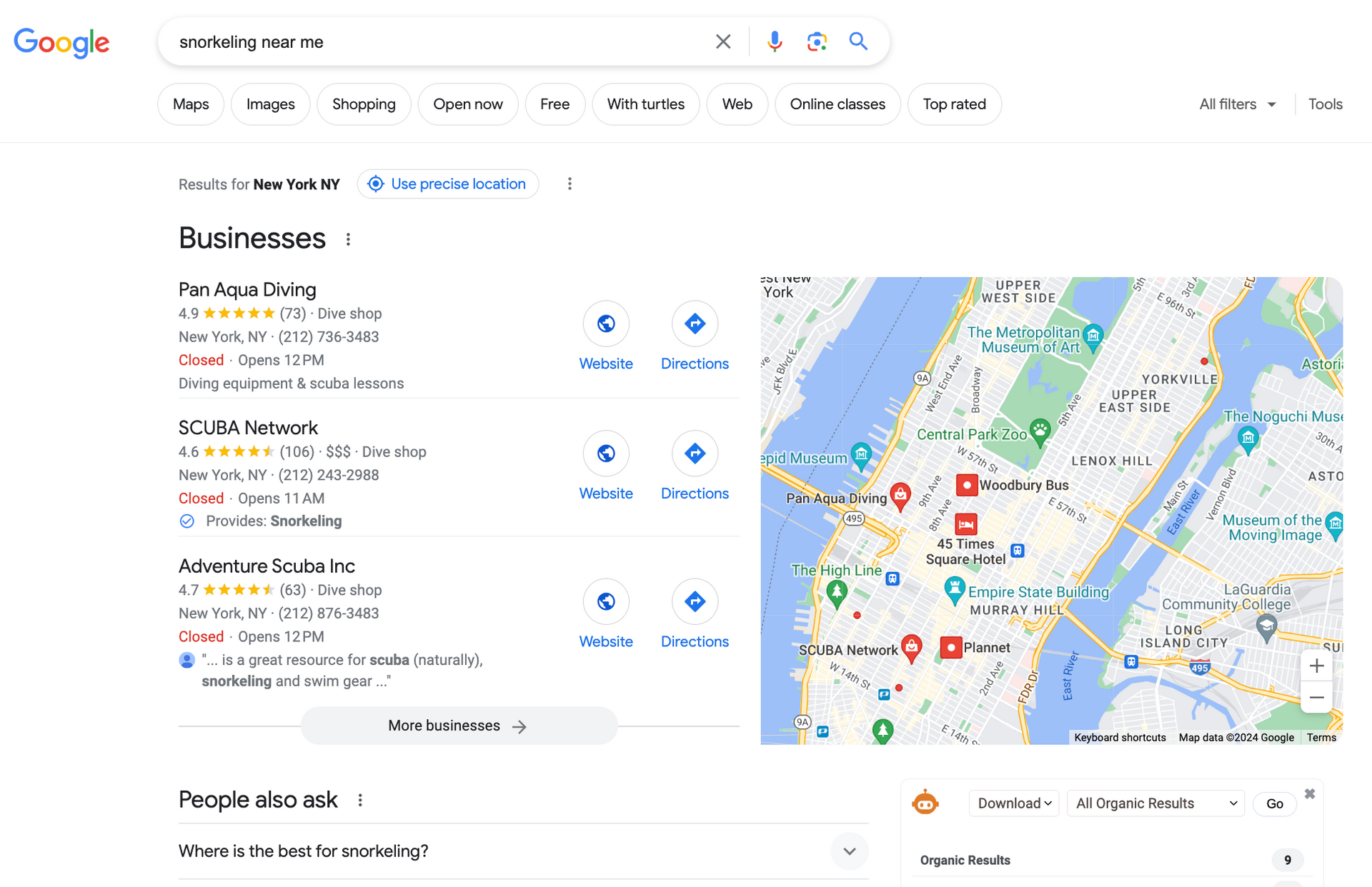 Snorkeling near me google maps listings