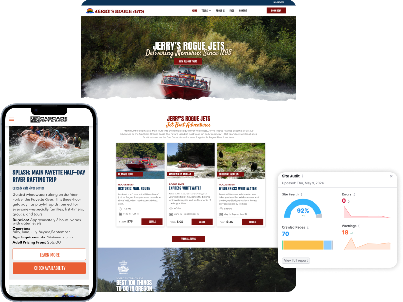 A jerry 's rogue jets website is displayed on a phone and tablet