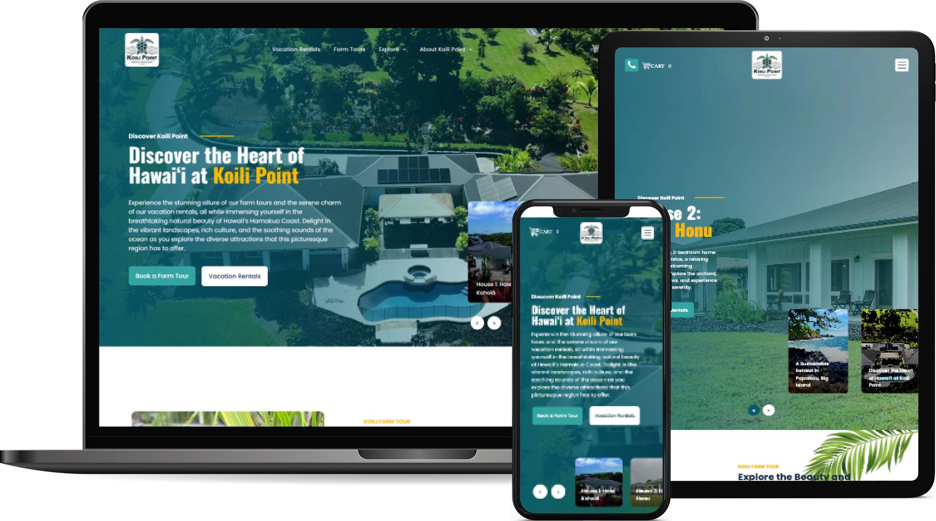Website mockups on laptop, tablet, and phone, showing a Hawaiian resort with green and blue tones.