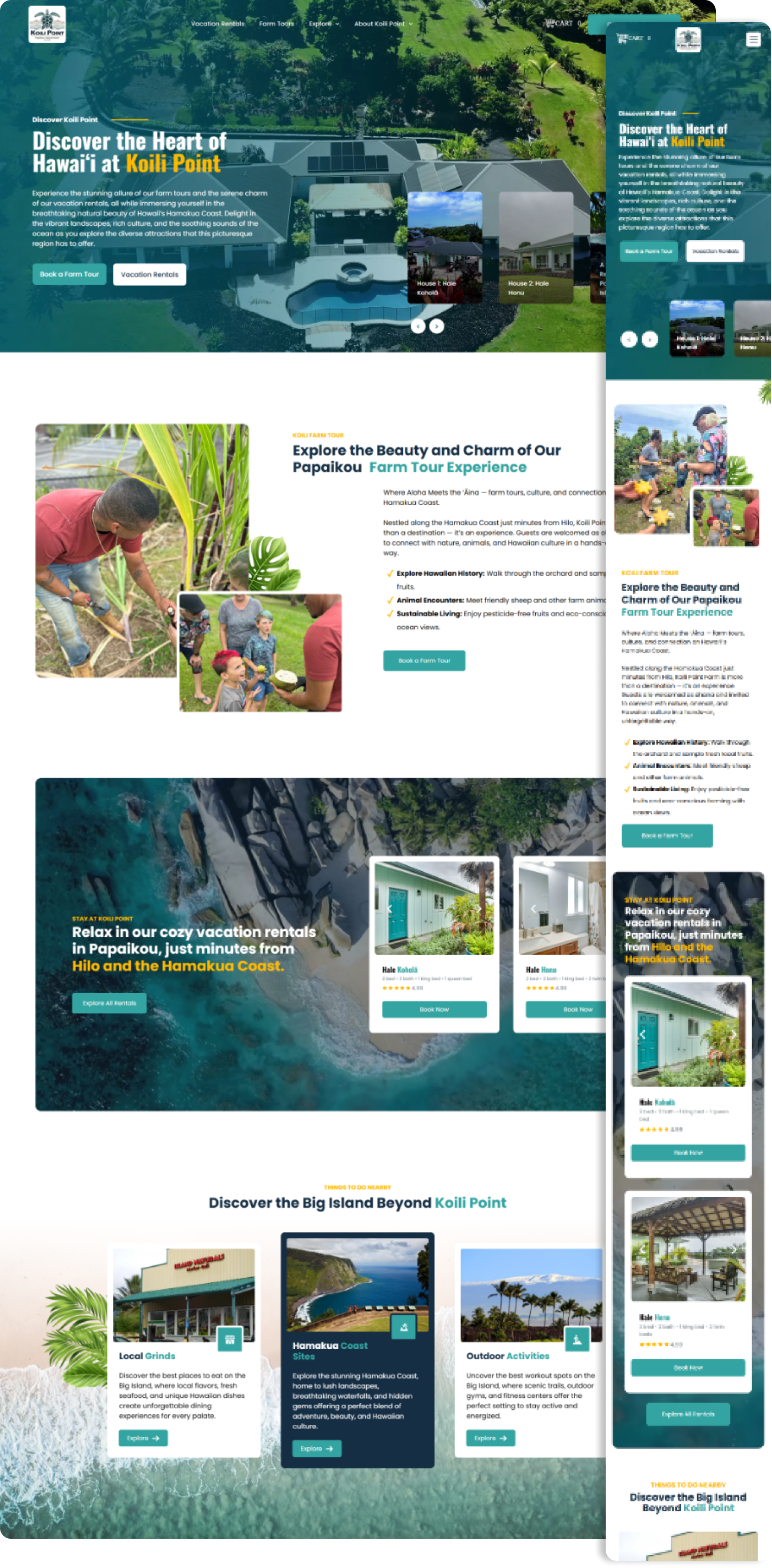 Website design featuring property listings in a tropical setting.