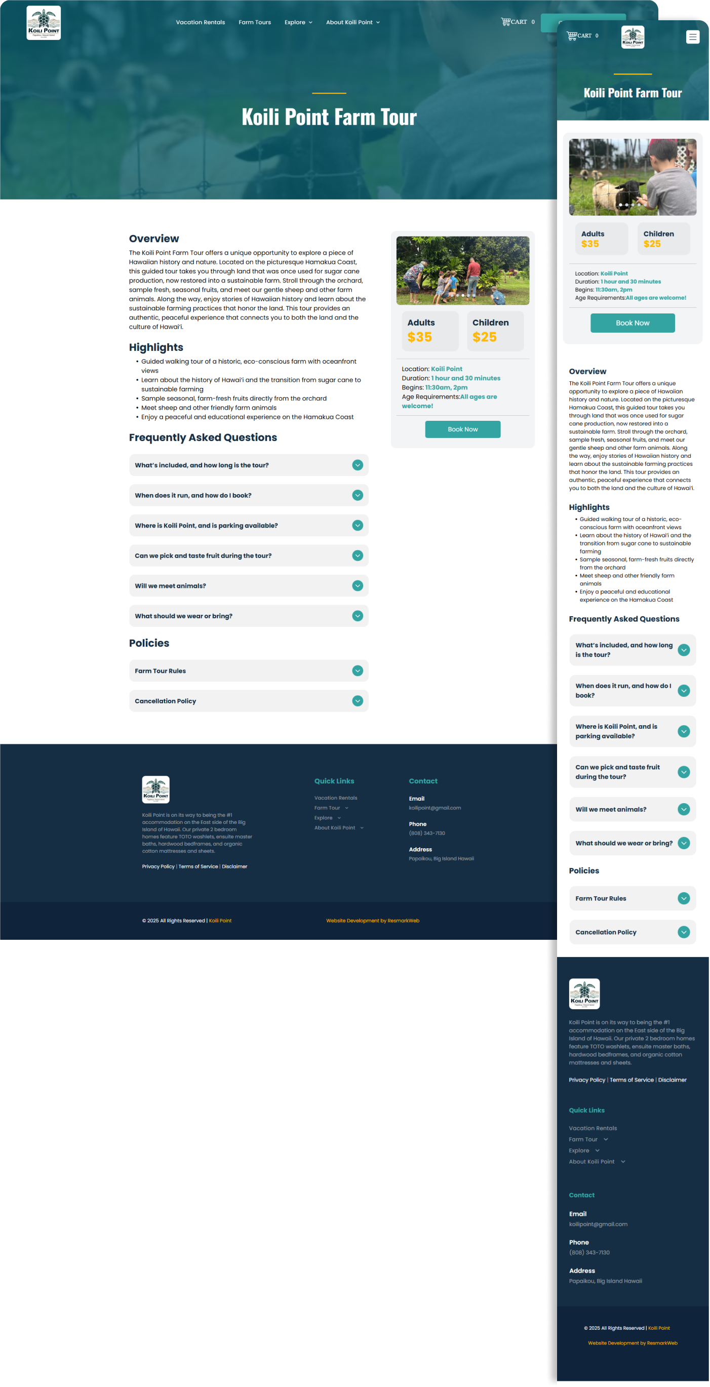 Website with text, menu, and photo of a group outdoors; teal and white design.