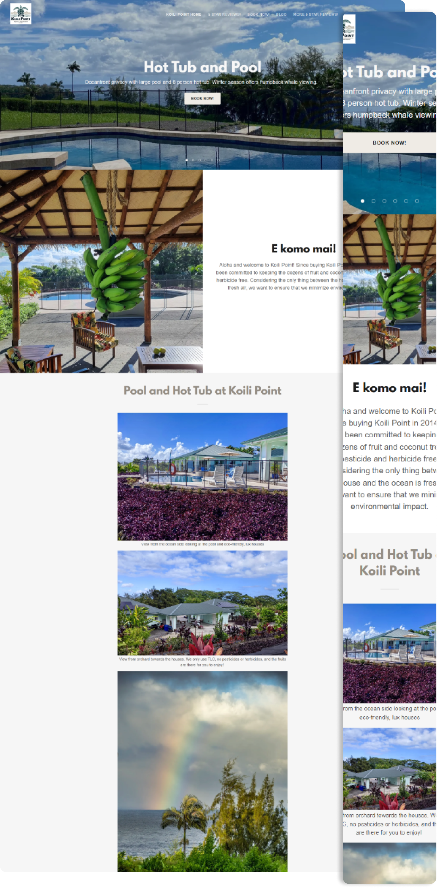 Website layout showcasing a hot tub and pool area, with featured photos and a rainbow.