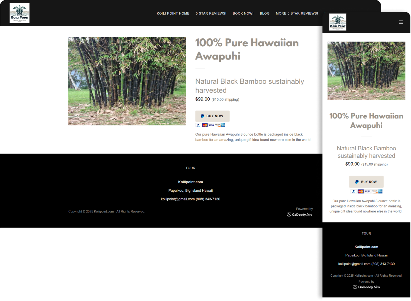 Website showcasing 100% Pure Hawaiian Awapuhi. Includes photos, product details, and social media links.