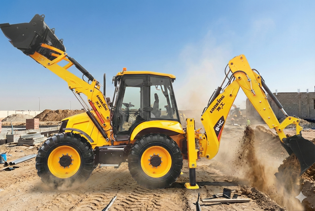 Yellow backhoe digging in dirt on a construction site under a blue sky.