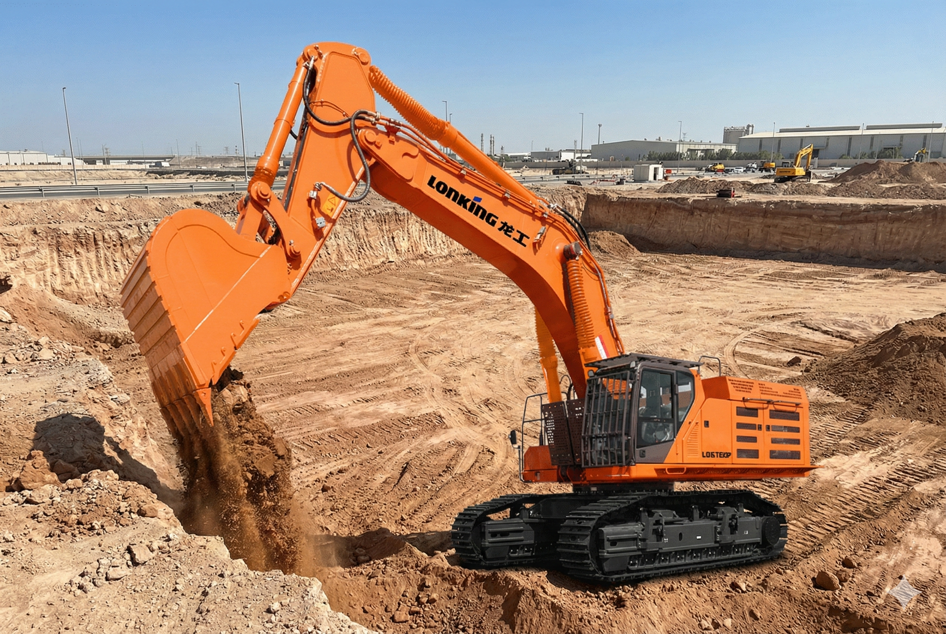 Orange excavator digging into a brown earth trench at a construction site.