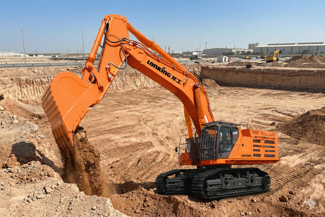 Orange excavator digging in a construction site; clear sky, bright day.