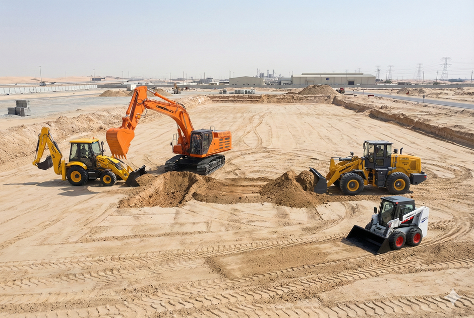 Construction site with several excavators and a skid steer working on a sandy area under a clear sky.
