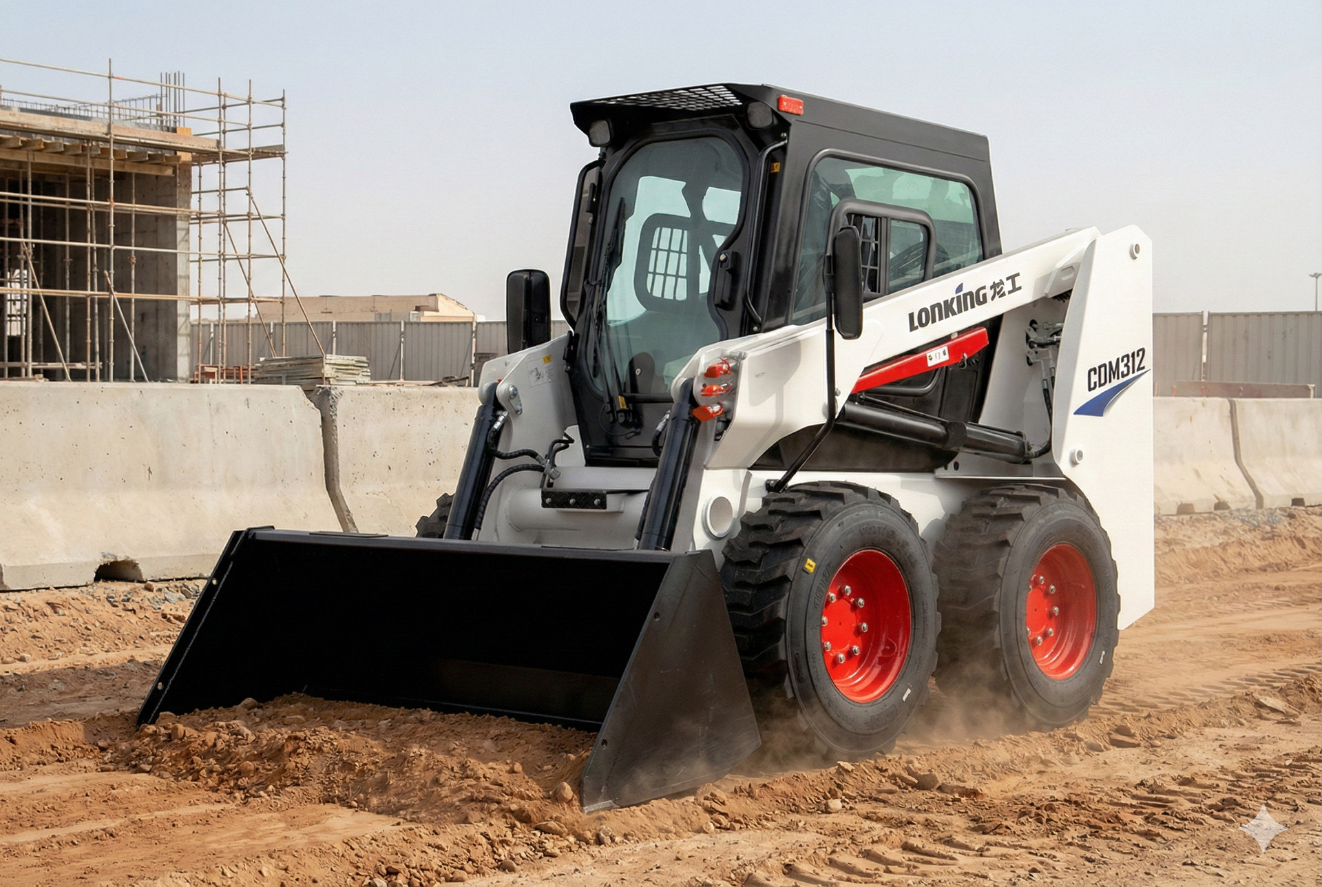 White Bobcat skid-steer loader with a black bucket scooping dirt at a construction site.