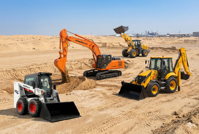 Four construction vehicles on a sandy site: excavator, backhoe loaders, and a skid-steer loader, under a blue sky.