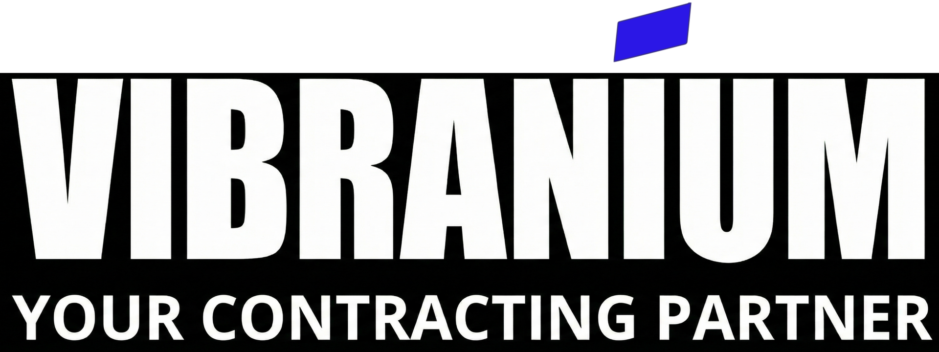 Logo of VIBRANIUM, white text on black background, with a blue shape above the word. 