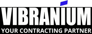 Logo of VIBRANIUM, white text on black background, with a blue shape above the word.