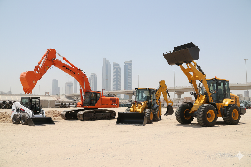 Construction equipment parked at a site; orange excavator, yellow loader, small bobcat, city skyline in background.