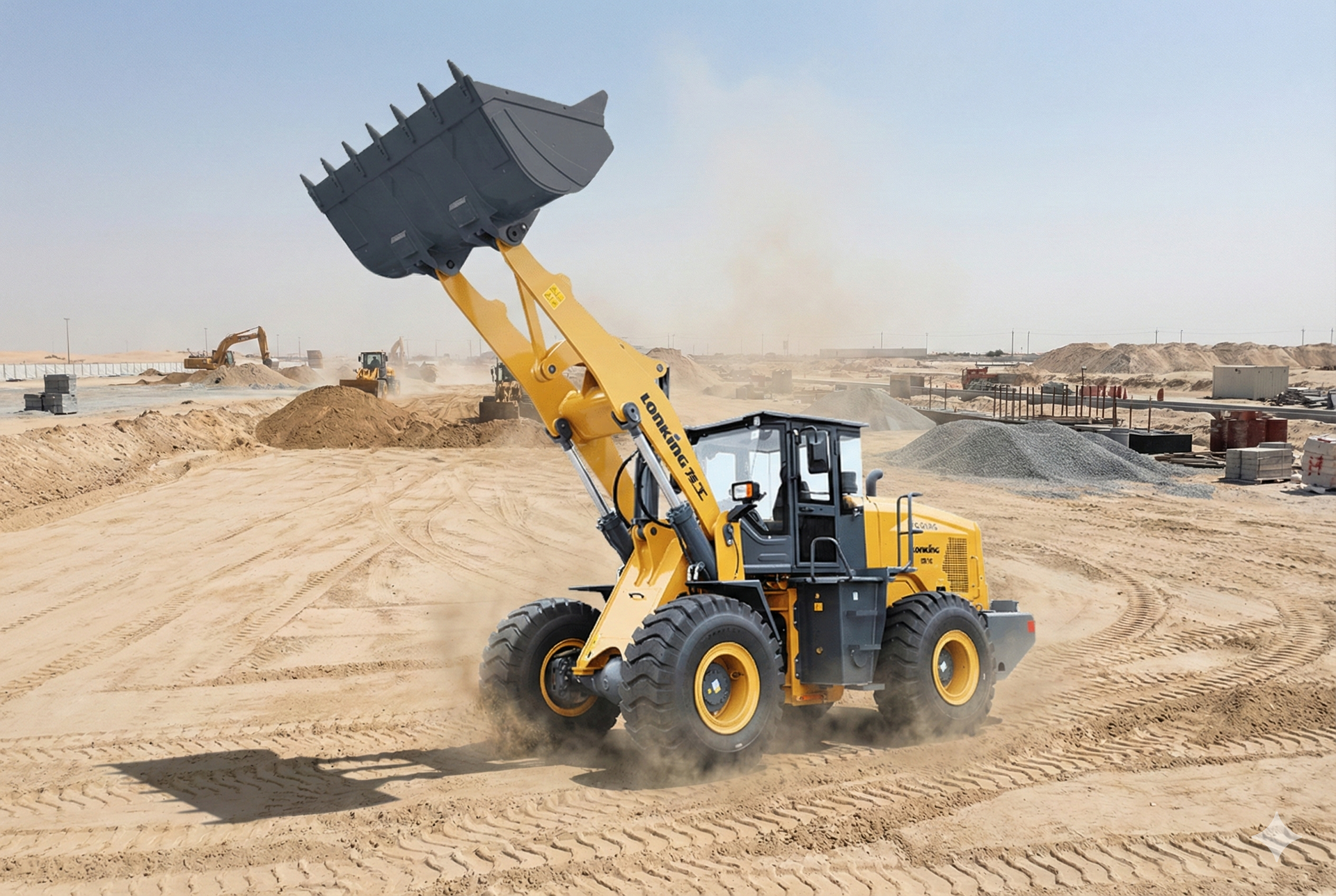 Yellow wheel loader raising its bucket on a construction site.