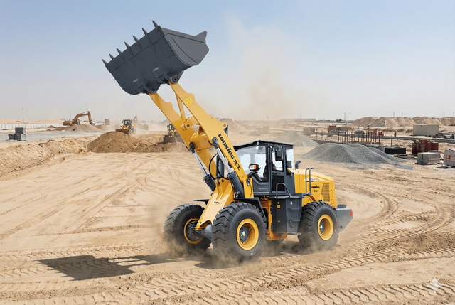 Yellow wheel loader scoops sand on a construction site.
