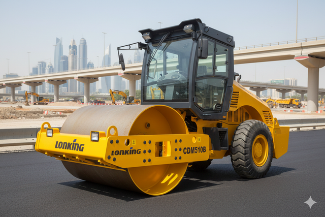 Yellow road roller compacting asphalt on a construction site, city skyline in background.