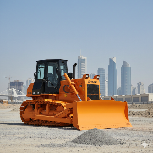 Orange bulldozer on construction site, city skyline in background.