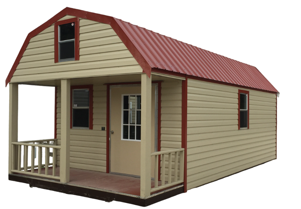A small house with a porch and a red roof