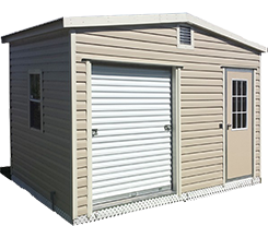 A small house with a garage door and shutters.