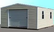 A gray and white shed with the door open.