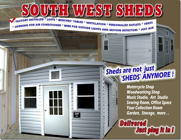 An ad for south west sheds with a picture of a shed