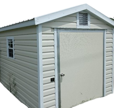 A small shed with a metal roof and a wooden porch.