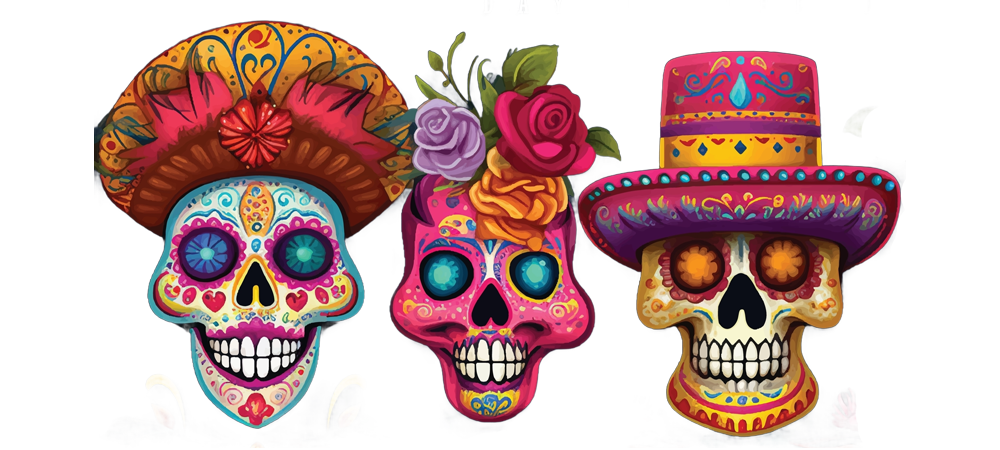 Three colorful sugar skulls decorated with hats and flowers.