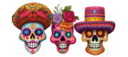 Three colorful sugar skulls decorated with hats and flowers.