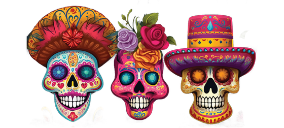 Three colorful sugar skulls decorated with hats and flowers.