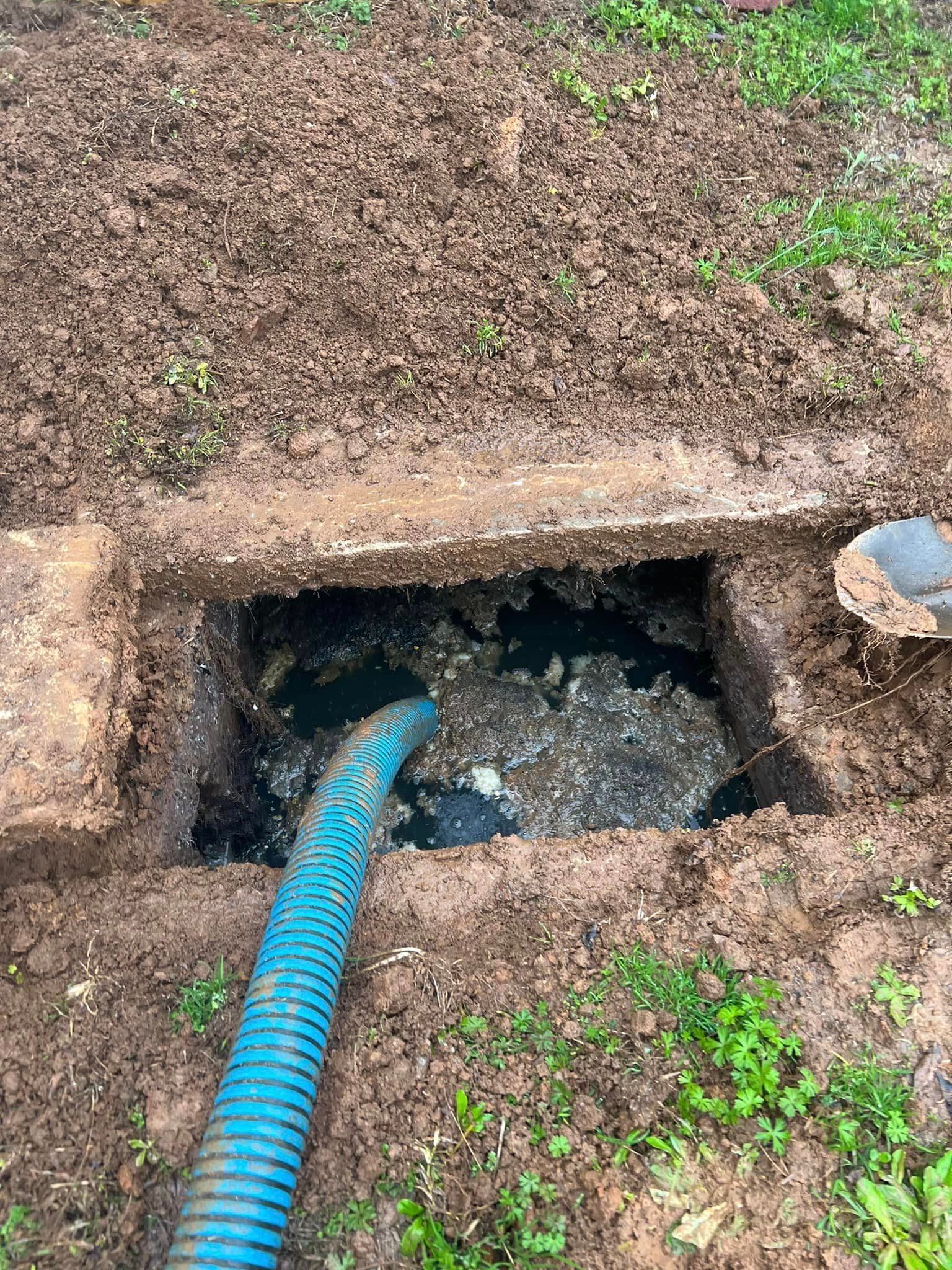 A blue hose is submerged in a rectangular hole filled with sludge. Surrounding dirt and grass.