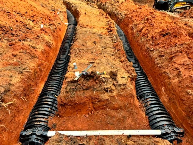 Trenches with black corrugated pipes installed, ready for backfilling.