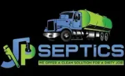 Logo for JP Septics featuring a blue septic truck and a wrench, with the text