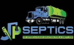 Logo for JP Septics featuring a blue septic truck and a wrench, with the text