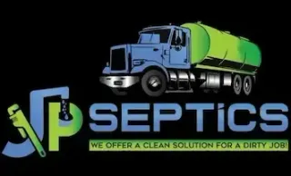 Logo for JP Septics featuring a blue septic truck and a wrench, with the text