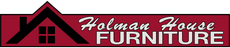 Holman House Furniture logo with red and black house icon and white script text on maroon background