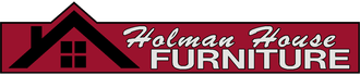 Holman House Furniture logo with red and black house icon and white script text on maroon background