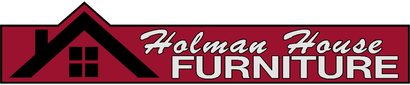 Holman House Furniture logo with red and black house icon and white script text on maroon background