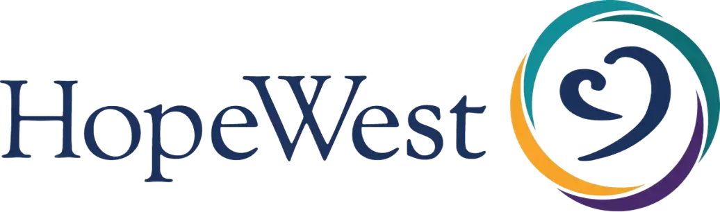HopeWest logo with blue text and a multicolor circular heart symbol